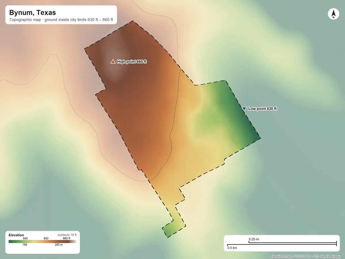 Topographic elevation map of Bynum, Texas, shaded from 630 ft on the east side to 660 ft on the northwest side