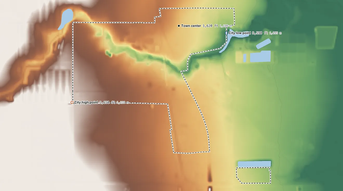 Topographic elevation map of Cactus, Texas, shaded from 3,590 ft on the east side to 3,650 ft on the southwest side
