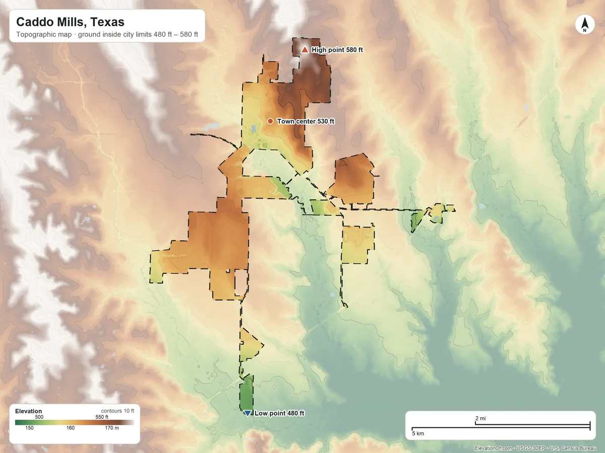 Topographic elevation map of Caddo Mills, Texas, shaded from 480 ft on the south side to 580 ft on the northeast side