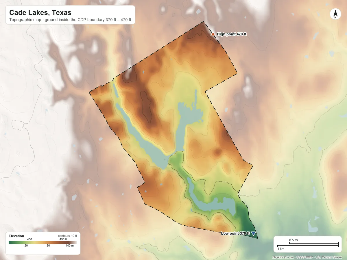 Topographic elevation map of Cade Lakes, Texas, shaded from 370 ft on the southeast side to 470 ft on the north side