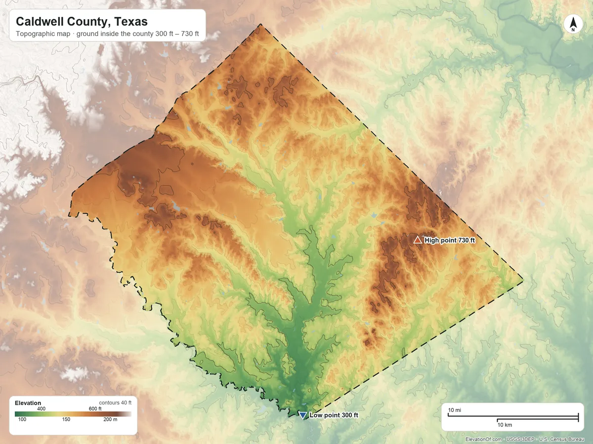 Topographic elevation map of Caldwell County, Texas, shaded from 300 ft on the south side to 730 ft on the east side
