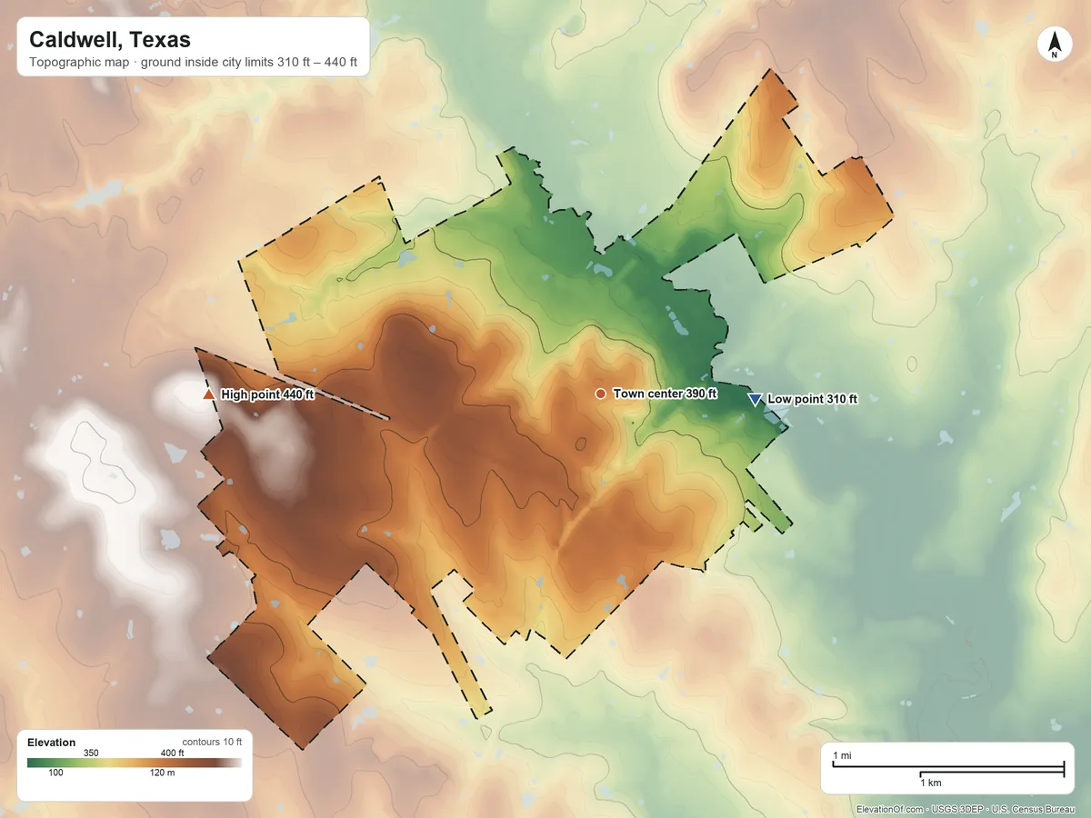 Topographic elevation map of Caldwell, Texas, shaded from 310 ft on the east side to 440 ft on the west side