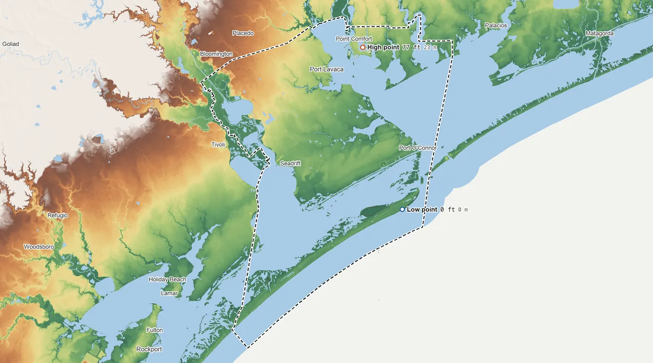 Topographic elevation map of Calhoun County, Texas, shaded from sea level on the Gulf of America to 77 ft on the north side
