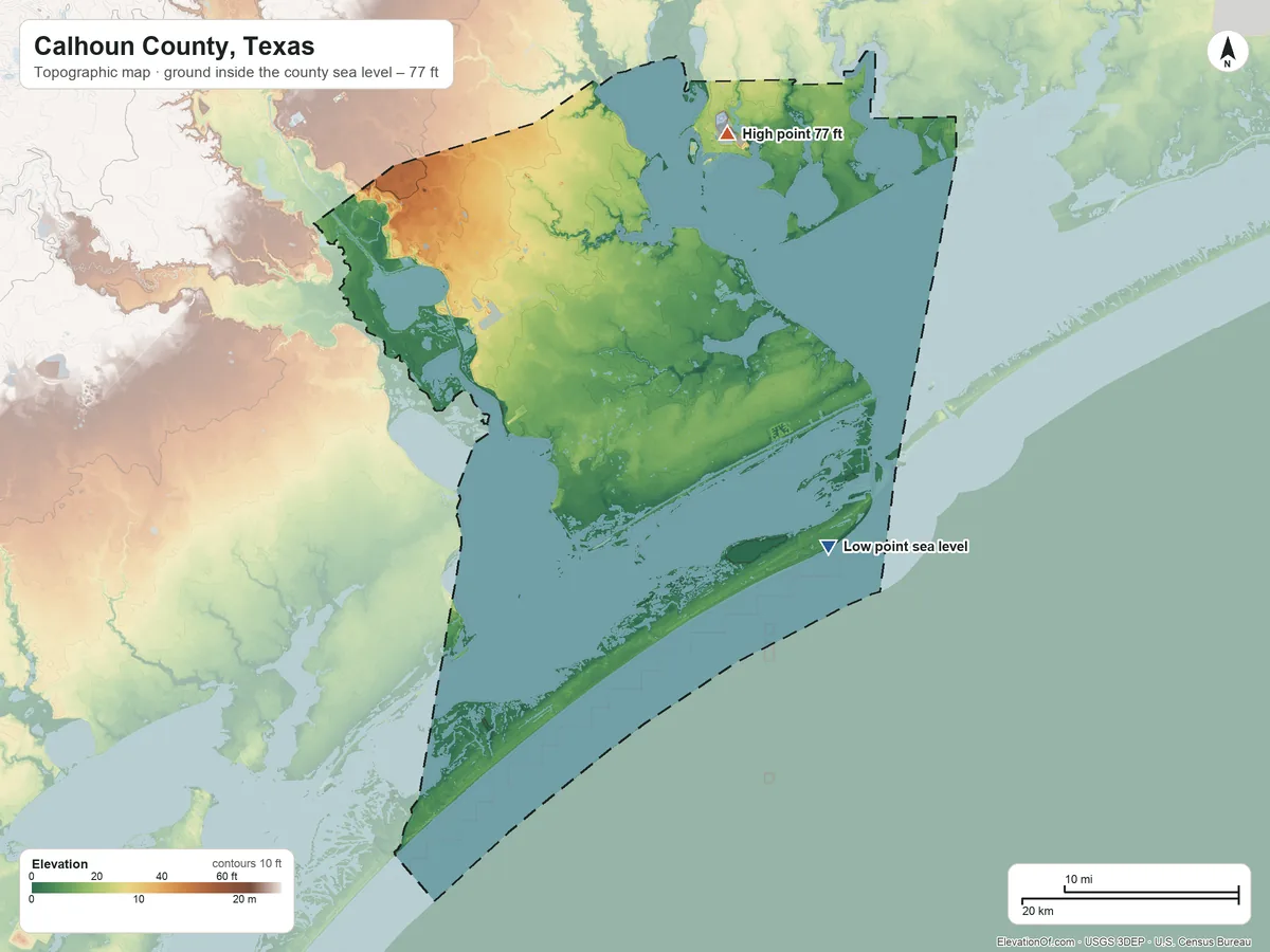 Topographic elevation map of Calhoun County, Texas, shaded from sea level on the Gulf of America to 77 ft on the north side