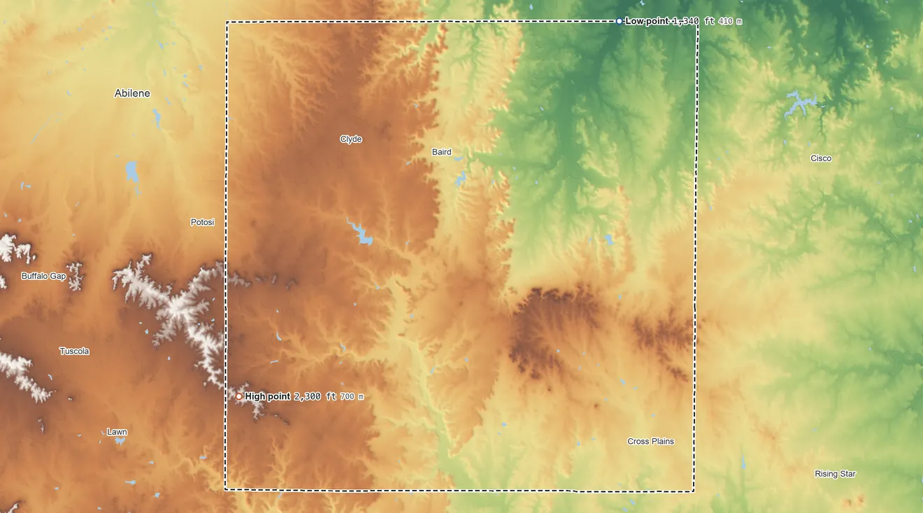 Topographic elevation map of Callahan County, Texas, shaded from 1,340 ft on the northeast side to 2,300 ft on the southwest side