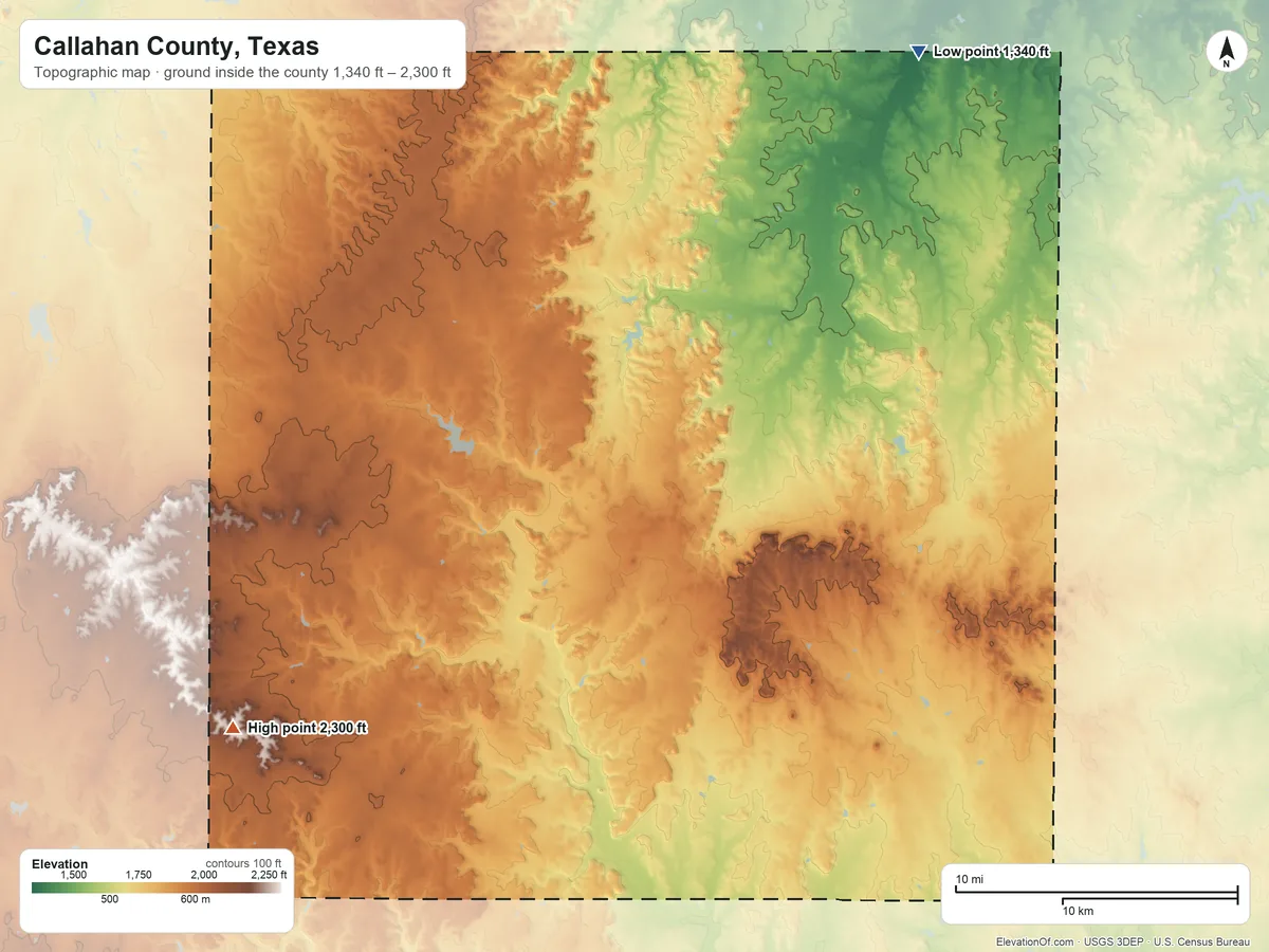 Topographic elevation map of Callahan County, Texas, shaded from 1,340 ft on the northeast side to 2,300 ft on the southwest side