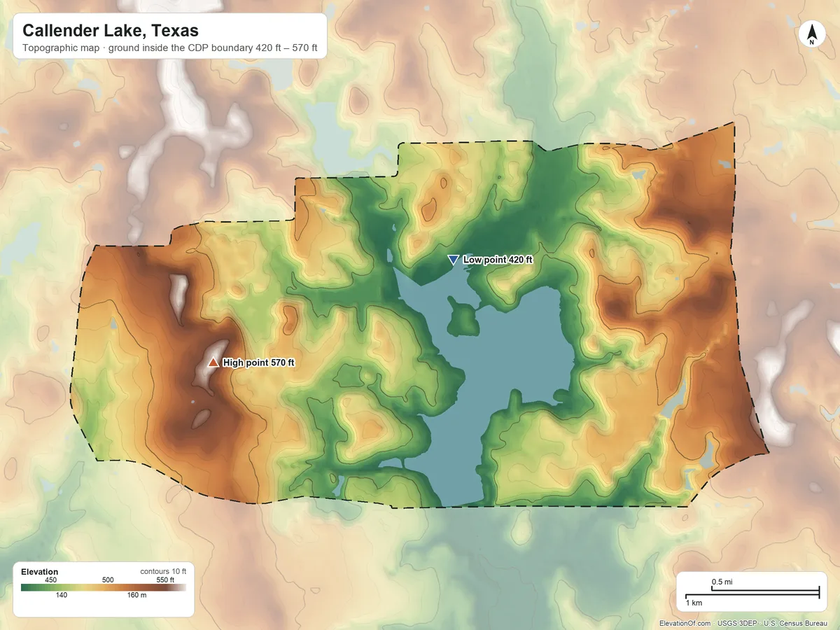 Topographic elevation map of Callender Lake, Texas, shaded from 420 ft near the middle to 570 ft on the west side