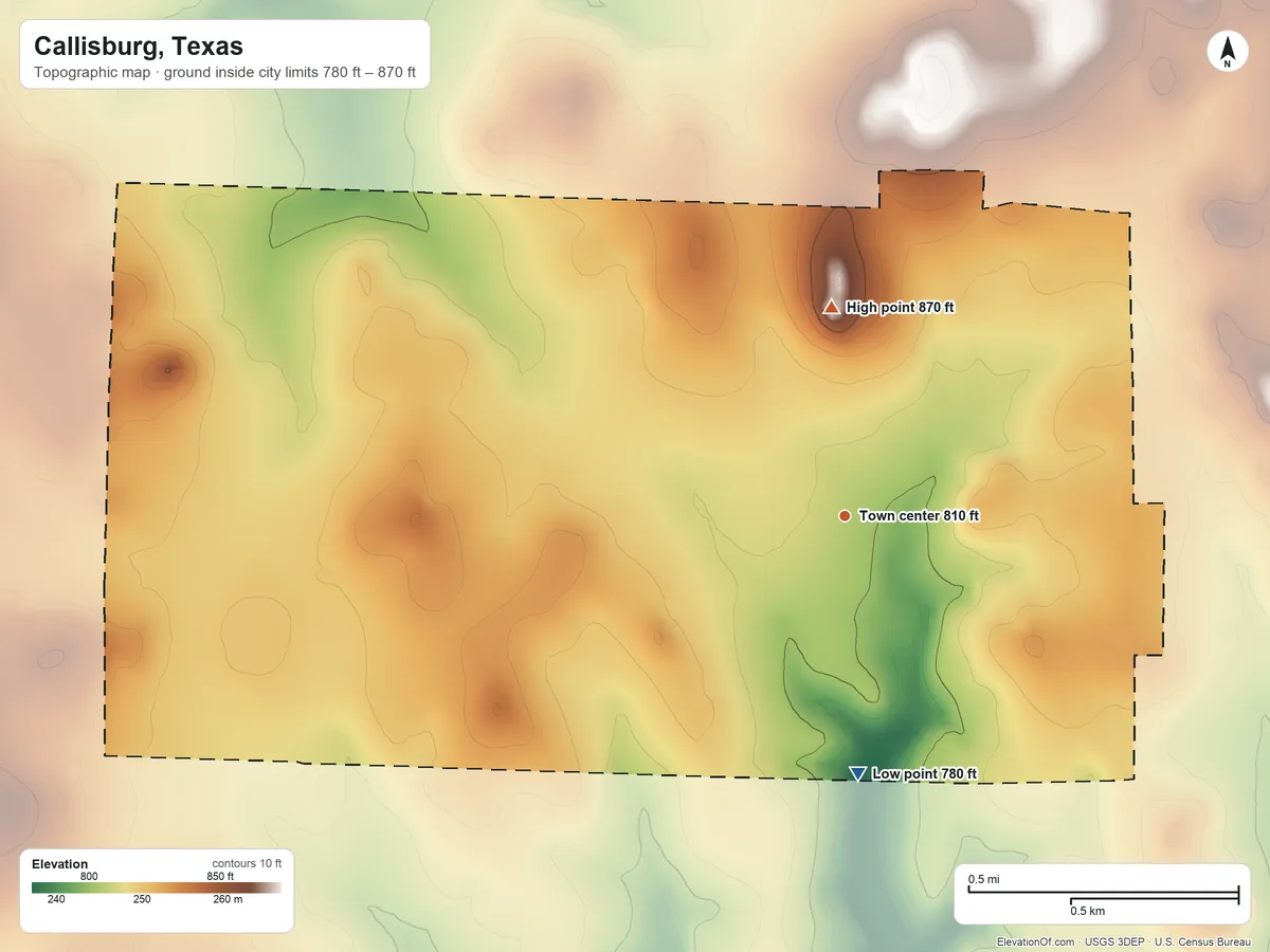 Topographic elevation map of Callisburg, Texas, shaded from 780 ft on the south side to 870 ft on the north side
