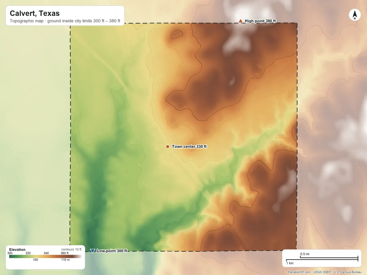 Topographic elevation map of Calvert, Texas, shaded from 300 ft on the southwest side to 380 ft on the northeast side