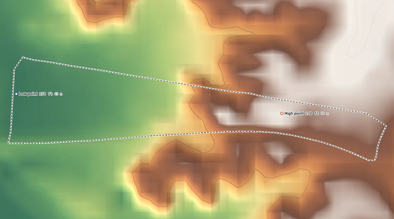 Topographic elevation map of Camargito, Texas, shaded from 150 ft on the west side to 240 ft on the east side
