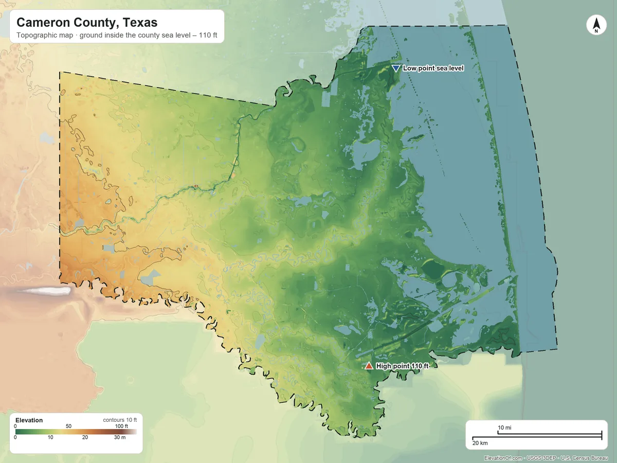 Topographic elevation map of Cameron County, Texas, shaded from sea level on the Laguna Madre to 110 ft on the southeast side
