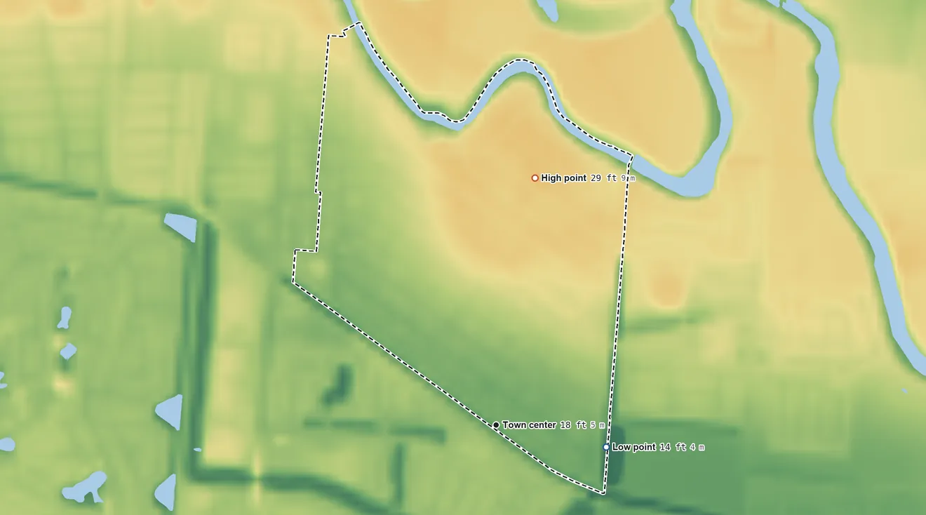 Topographic elevation map of Cameron Park, Texas, shaded from 14 ft on the east side to 29 ft on the north side
