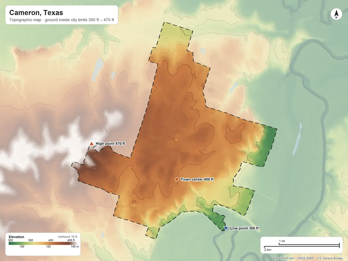 Topographic elevation map of Cameron, Texas, shaded from 300 ft on the southeast side to 470 ft on the northwest side