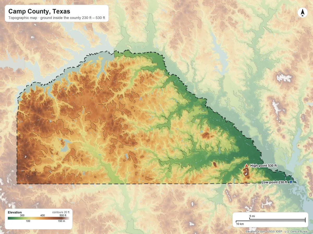 Topographic elevation map of Camp County, Texas, shaded from 230 ft on the southeast side to 530 ft on Couch Mountain