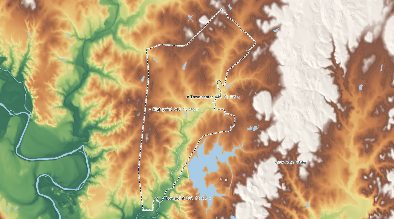 Topographic elevation map of Camp Swift, Texas, shaded from 360 ft on the south side to 540 ft on the west side