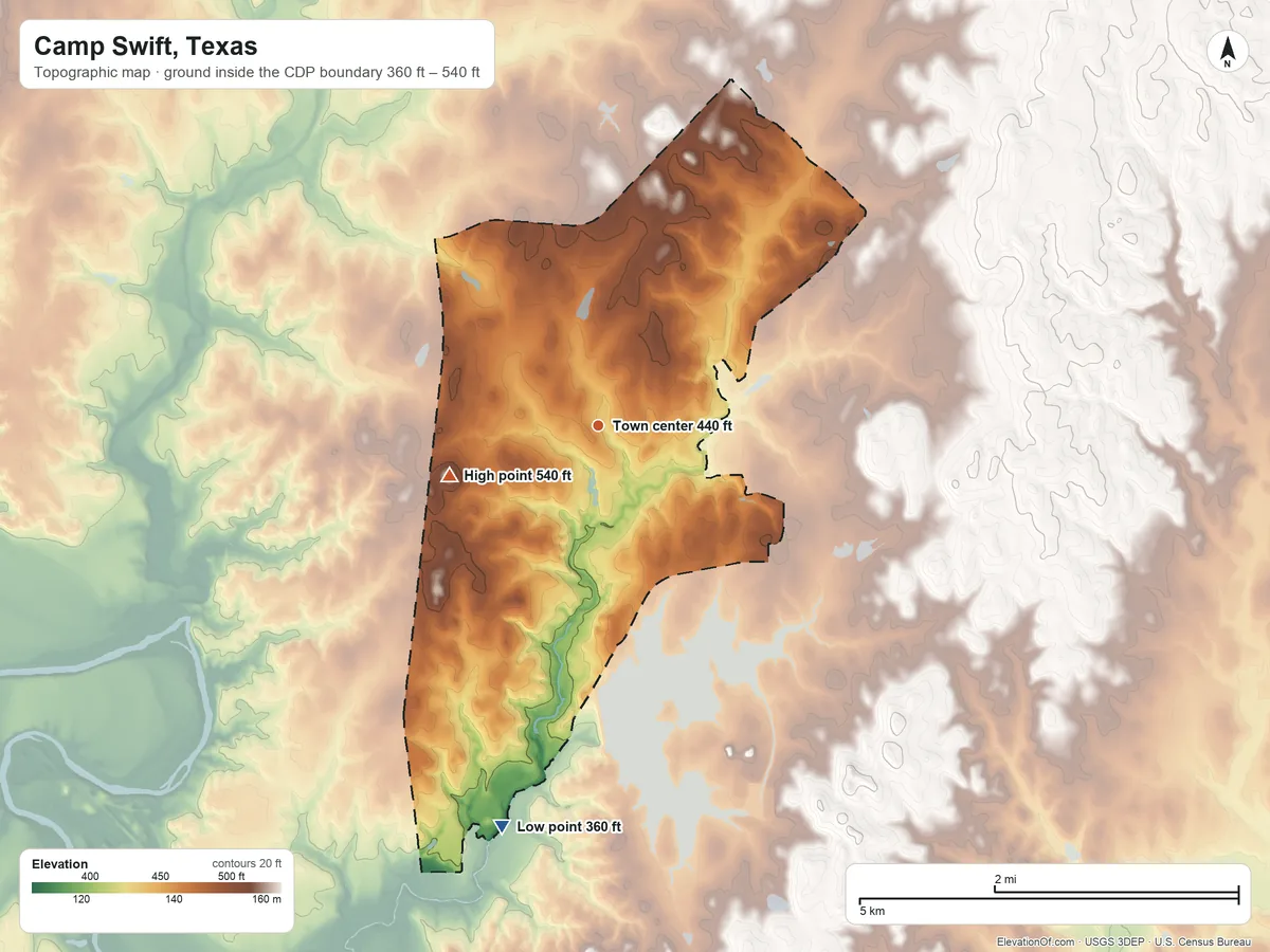Topographic elevation map of Camp Swift, Texas, shaded from 360 ft on the south side to 540 ft on the west side