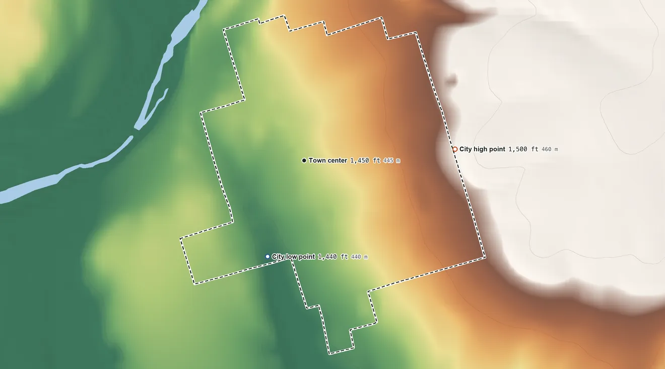 Topographic elevation map of Camp Wood, Texas, shaded from 1,440 ft on the south side to 1,500 ft on the east edge, below higher ground just outside