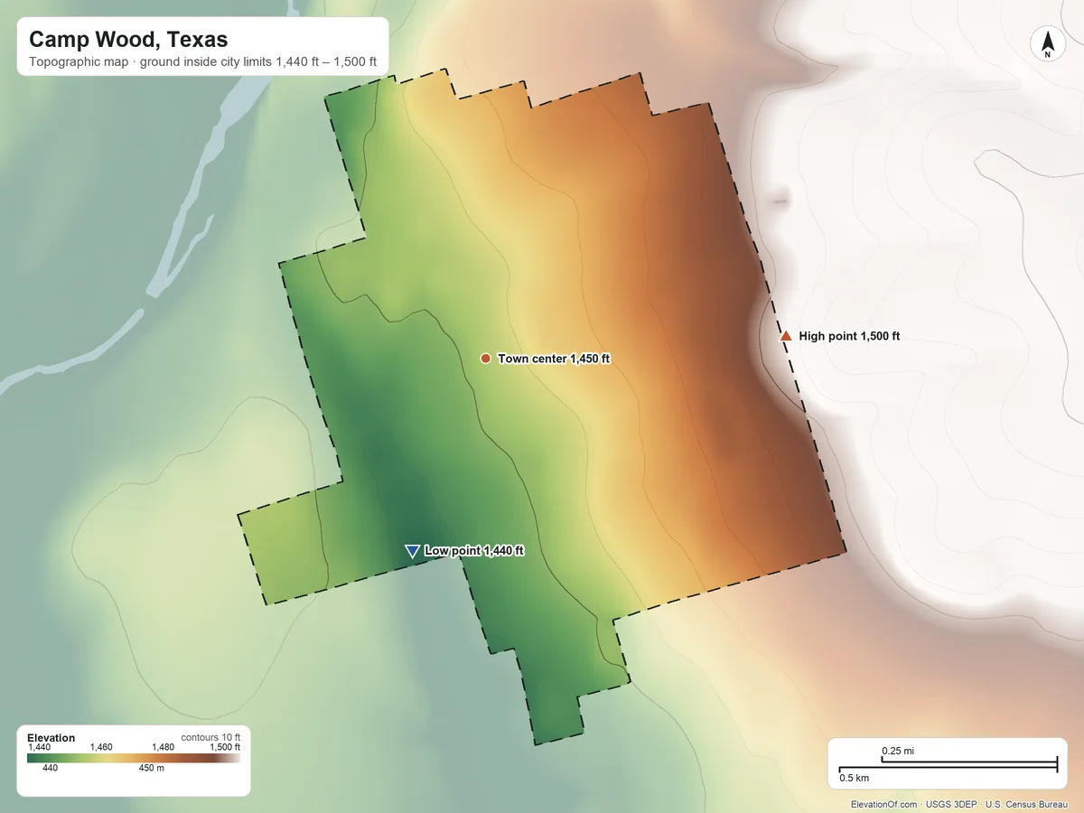 Topographic elevation map of Camp Wood, Texas, shaded from 1,440 ft on the south side to 1,500 ft on the east edge, below higher ground just outside