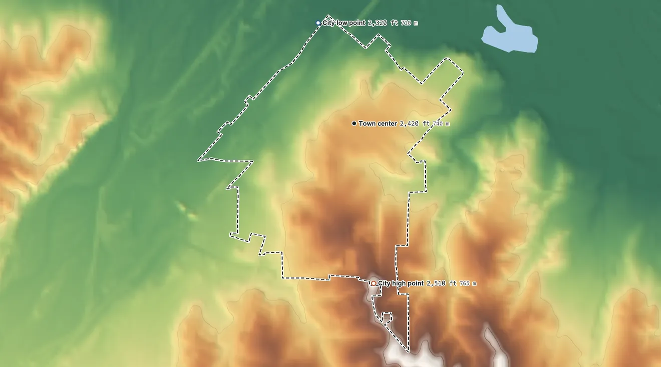 Topographic elevation map of Canadian, Texas, shaded from 2,320 ft on the north side to 2,510 ft on the south side