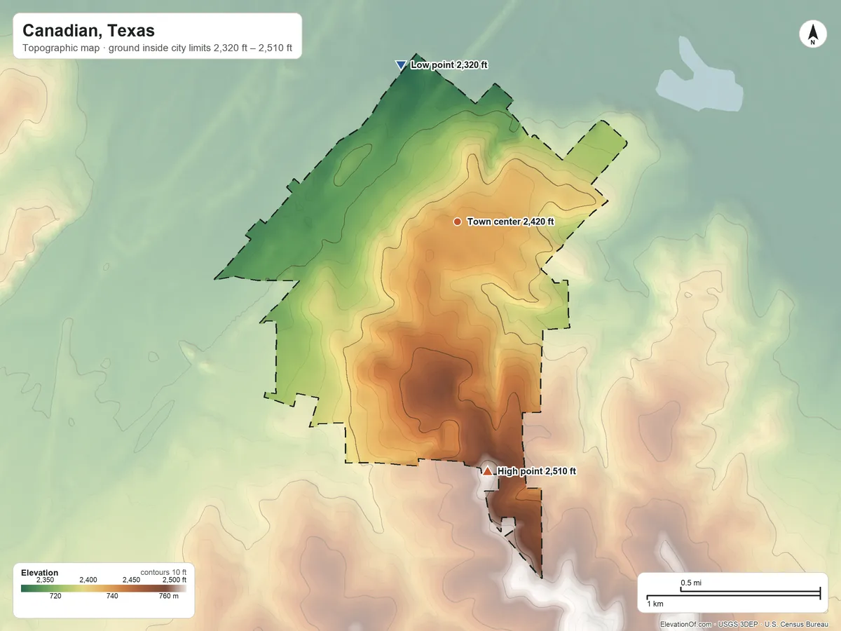 Topographic elevation map of Canadian, Texas, shaded from 2,320 ft on the north side to 2,510 ft on the south side