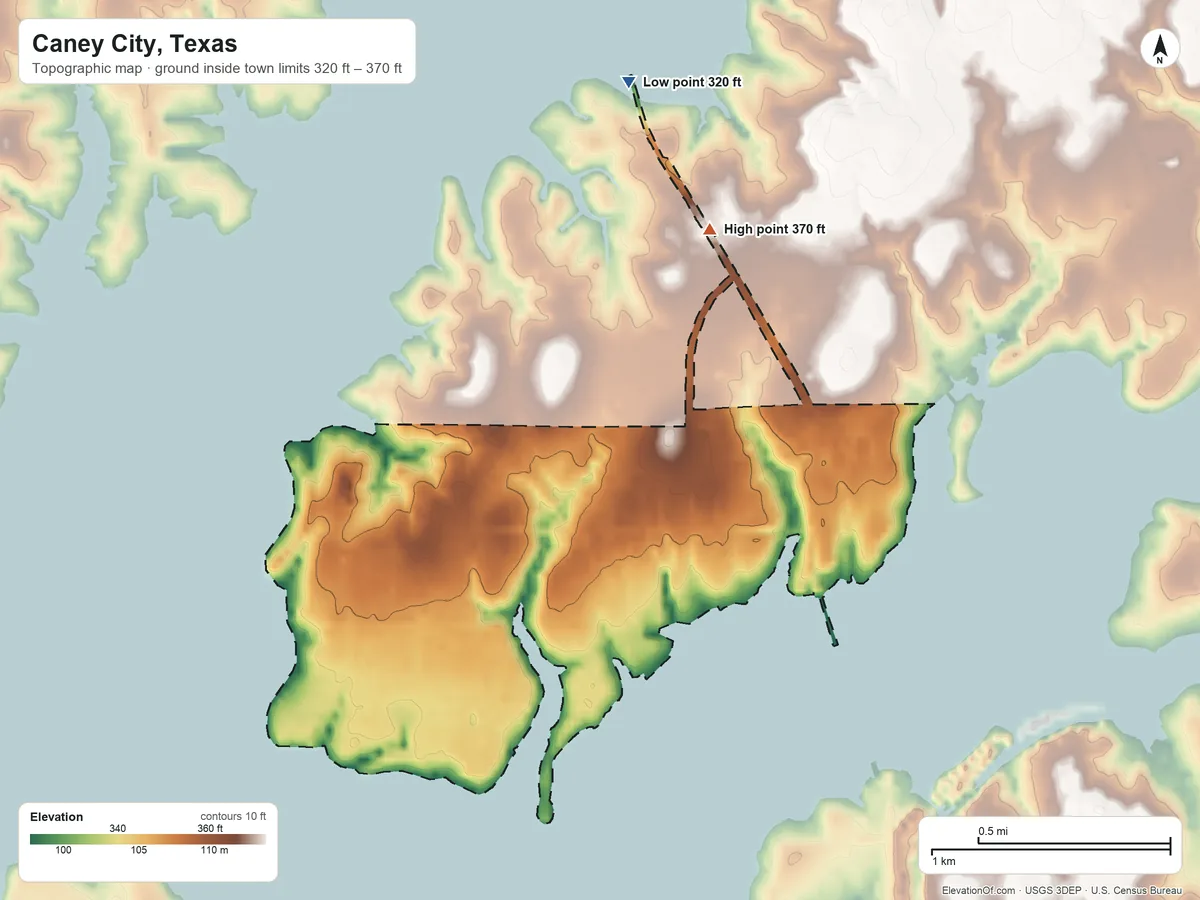 Topographic elevation map of Caney City, Texas, shaded from 320 ft on the north side to 370 ft on the north side