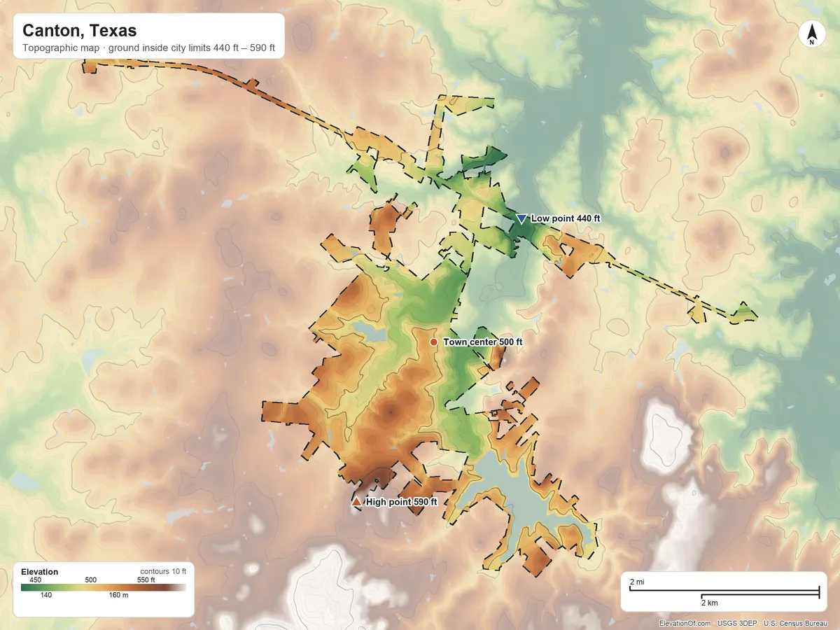 Topographic elevation map of Canton, Texas, shaded from 440 ft on the northeast side to 590 ft on the southwest side