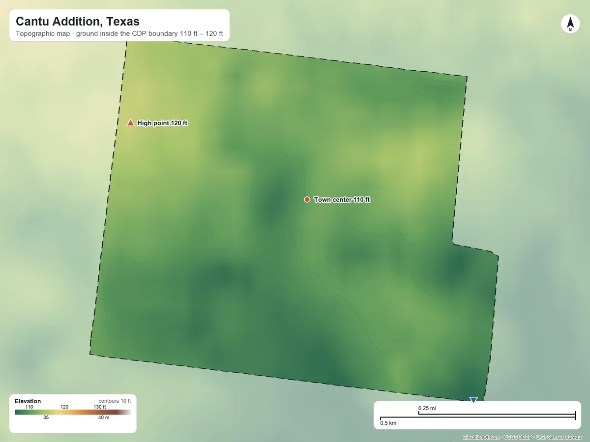 Topographic elevation map of Cantu Addition, Texas, shaded from 110 ft on the southeast side to 120 ft on the northwest side
