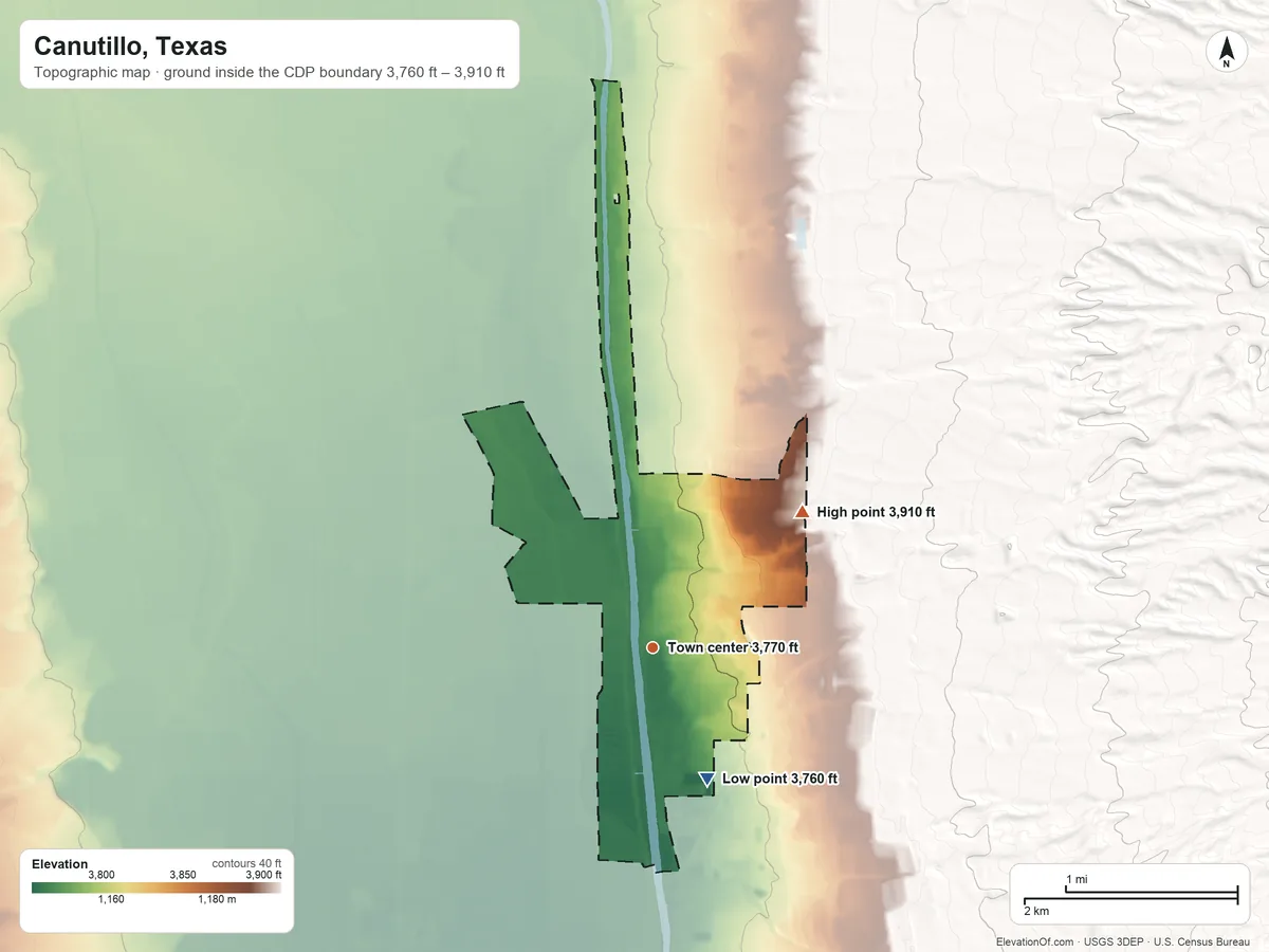 Topographic elevation map of Canutillo, Texas, shaded from 3,760 ft on the southeast side to 3,910 ft at the foot of the Franklin Mountains