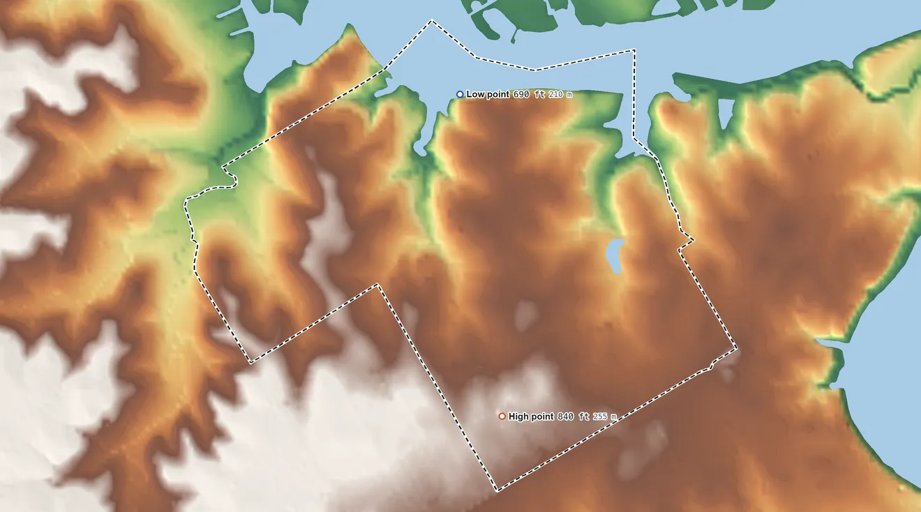 Topographic elevation map of Canyon Creek, Texas, shaded from 690 ft on the north side to 840 ft on the south side