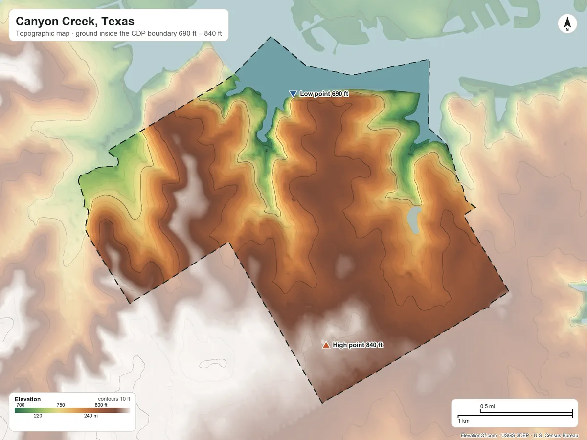 Topographic elevation map of Canyon Creek, Texas, shaded from 690 ft on the north side to 840 ft on the south side