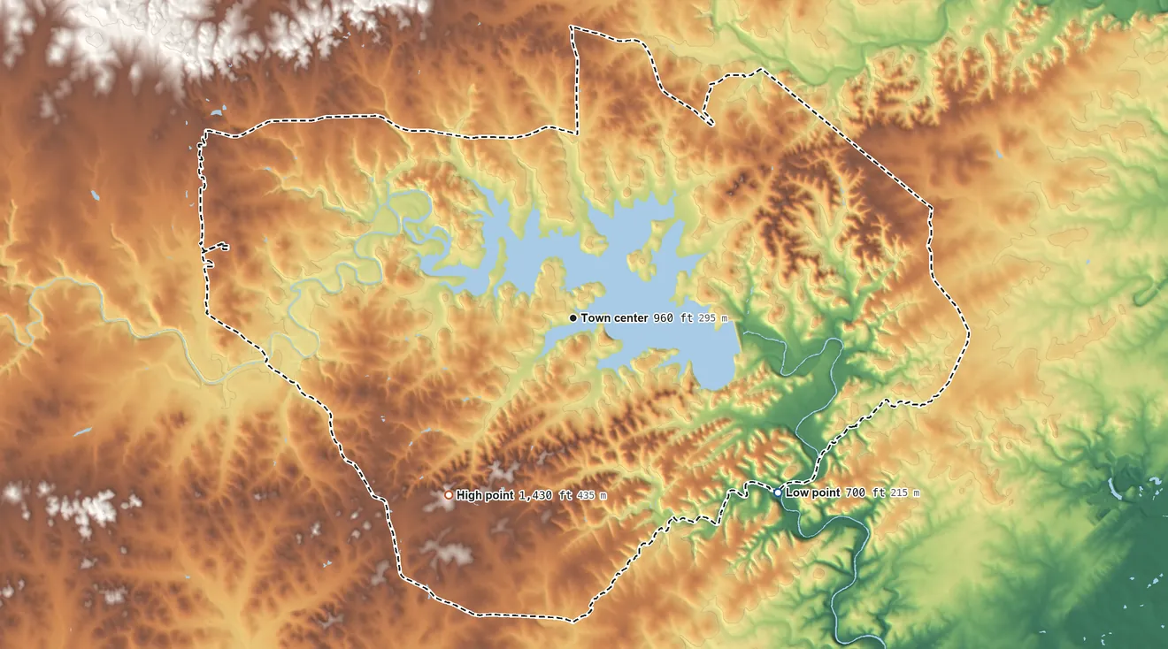 Topographic elevation map of Canyon Lake, Texas, shaded from 700 ft on the southeast side to 1,430 ft on the southwest side