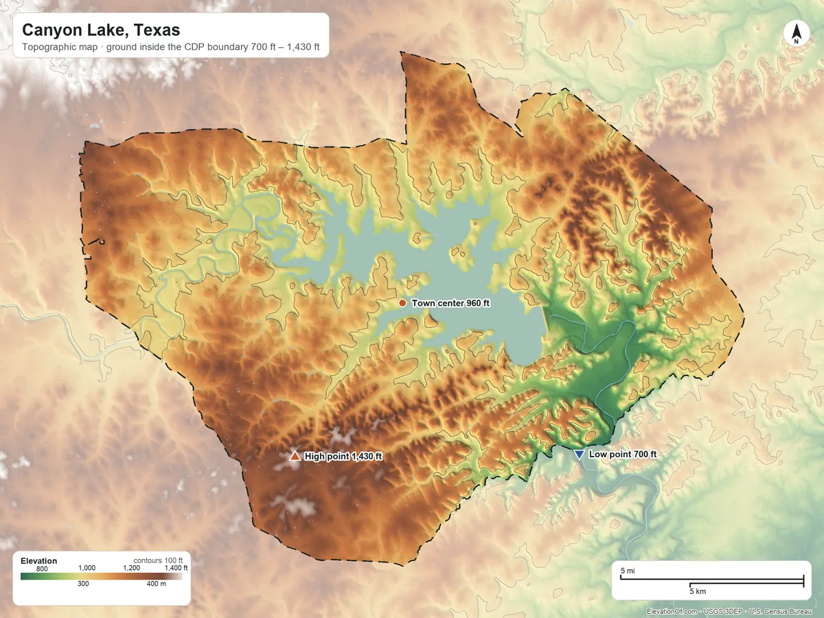 Topographic elevation map of Canyon Lake, Texas, shaded from 700 ft on the southeast side to 1,430 ft on the southwest side