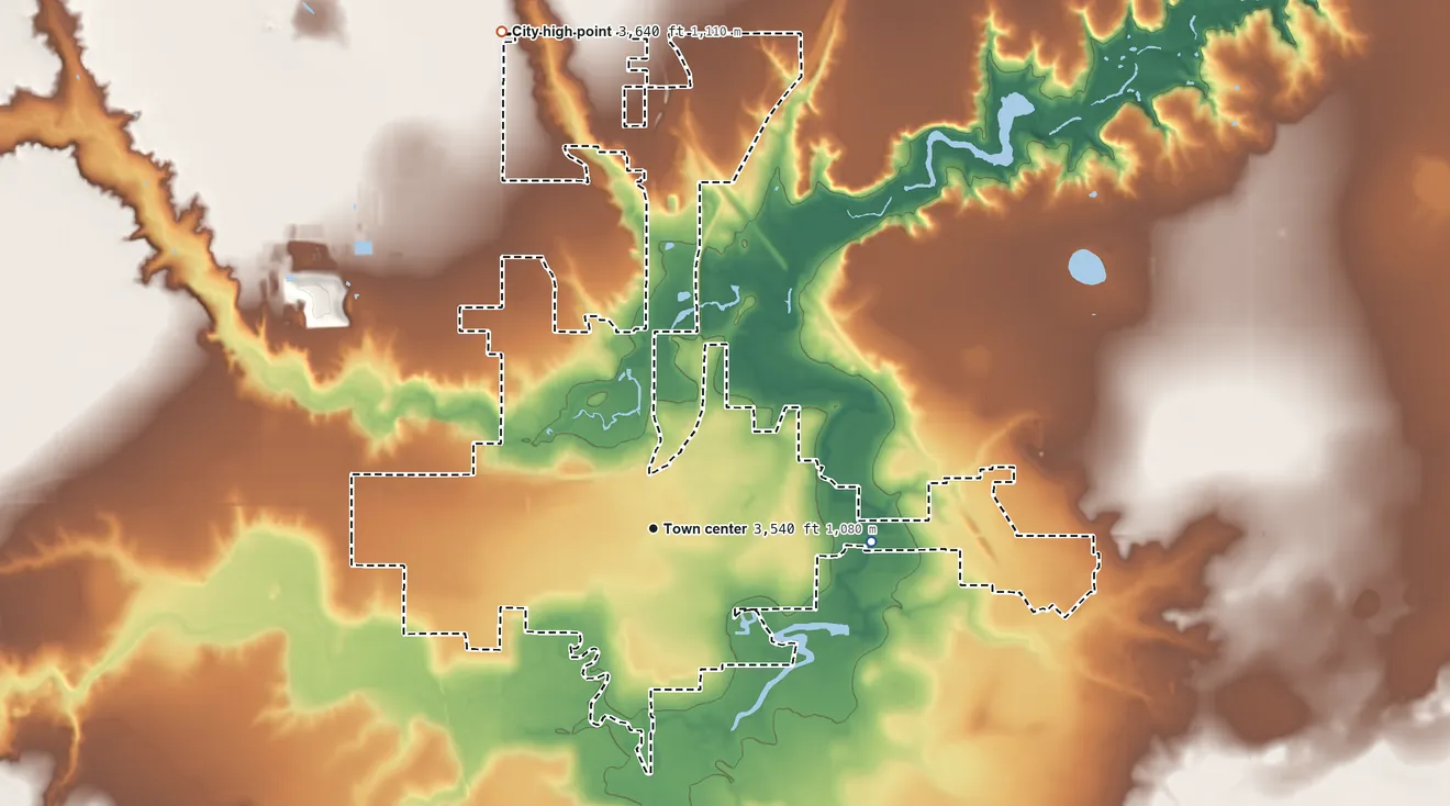 Topographic elevation map of Canyon, Texas, shaded from 3,480 ft on the east side to 3,640 ft on the north side