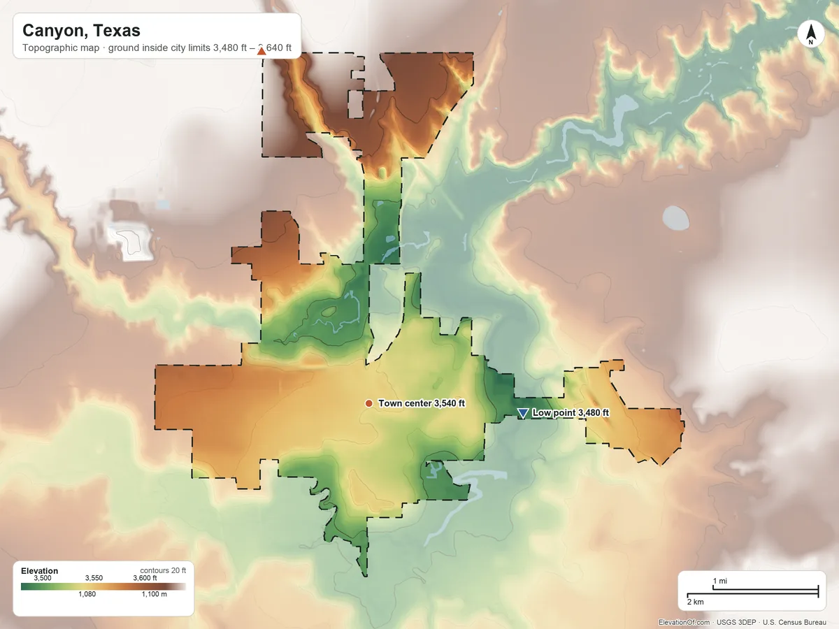Topographic elevation map of Canyon, Texas, shaded from 3,480 ft on the east side to 3,640 ft on the north side