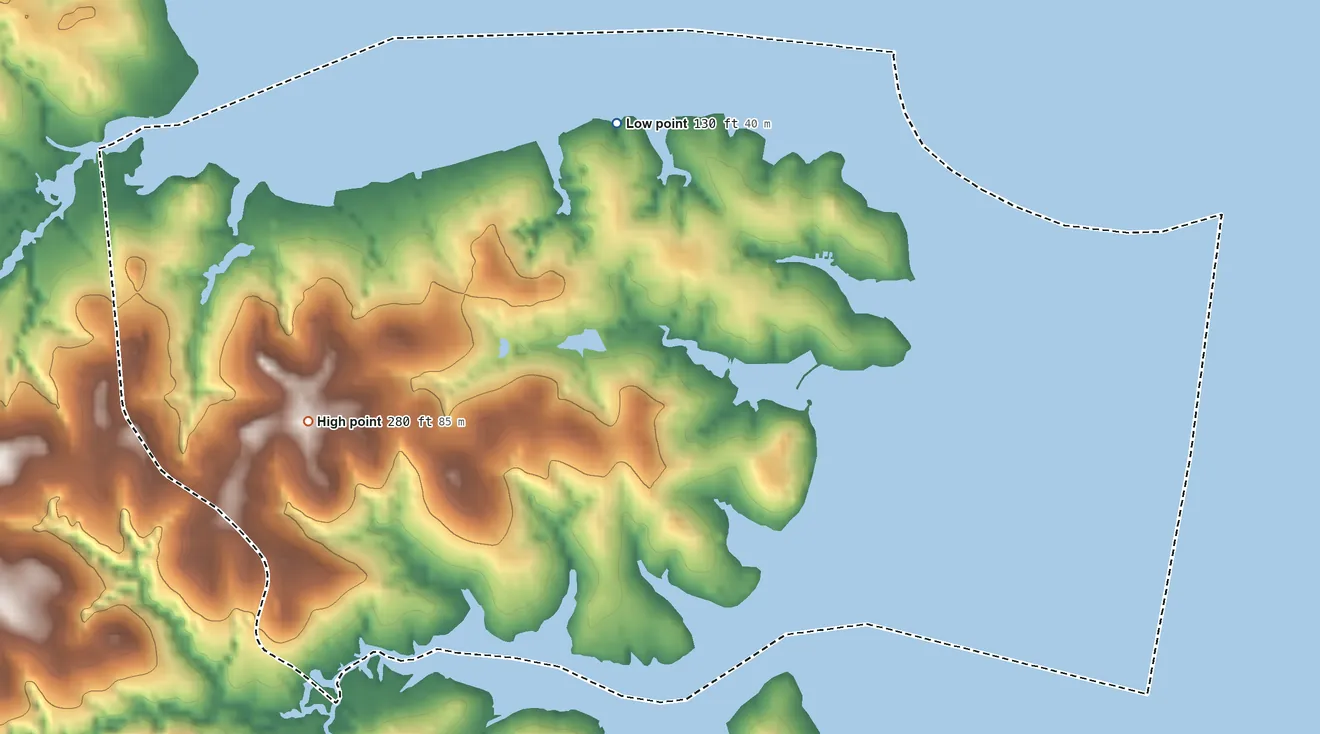 Topographic elevation map of Cape Royale, Texas, shaded from 130 ft on the northeast side to 280 ft on the southwest side
