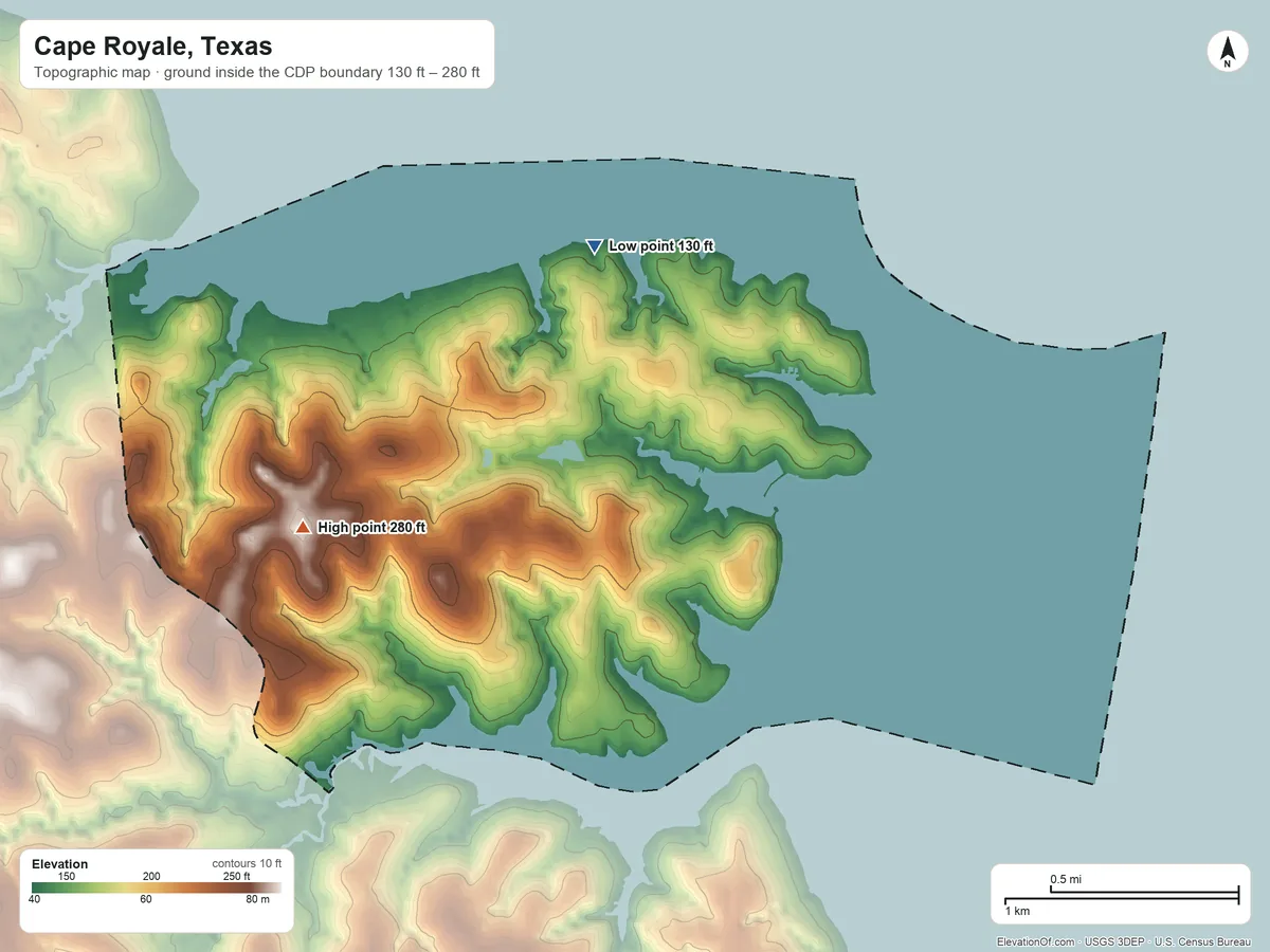 Topographic elevation map of Cape Royale, Texas, shaded from 130 ft on the northeast side to 280 ft on the southwest side