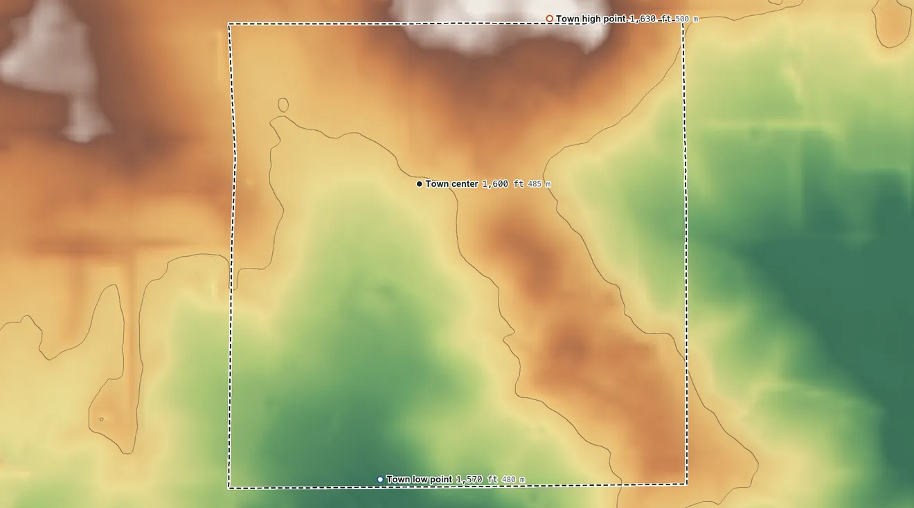 Topographic elevation map of Carbon, Texas, shaded from 1,570 ft on the south side to 1,630 ft on the northeast side