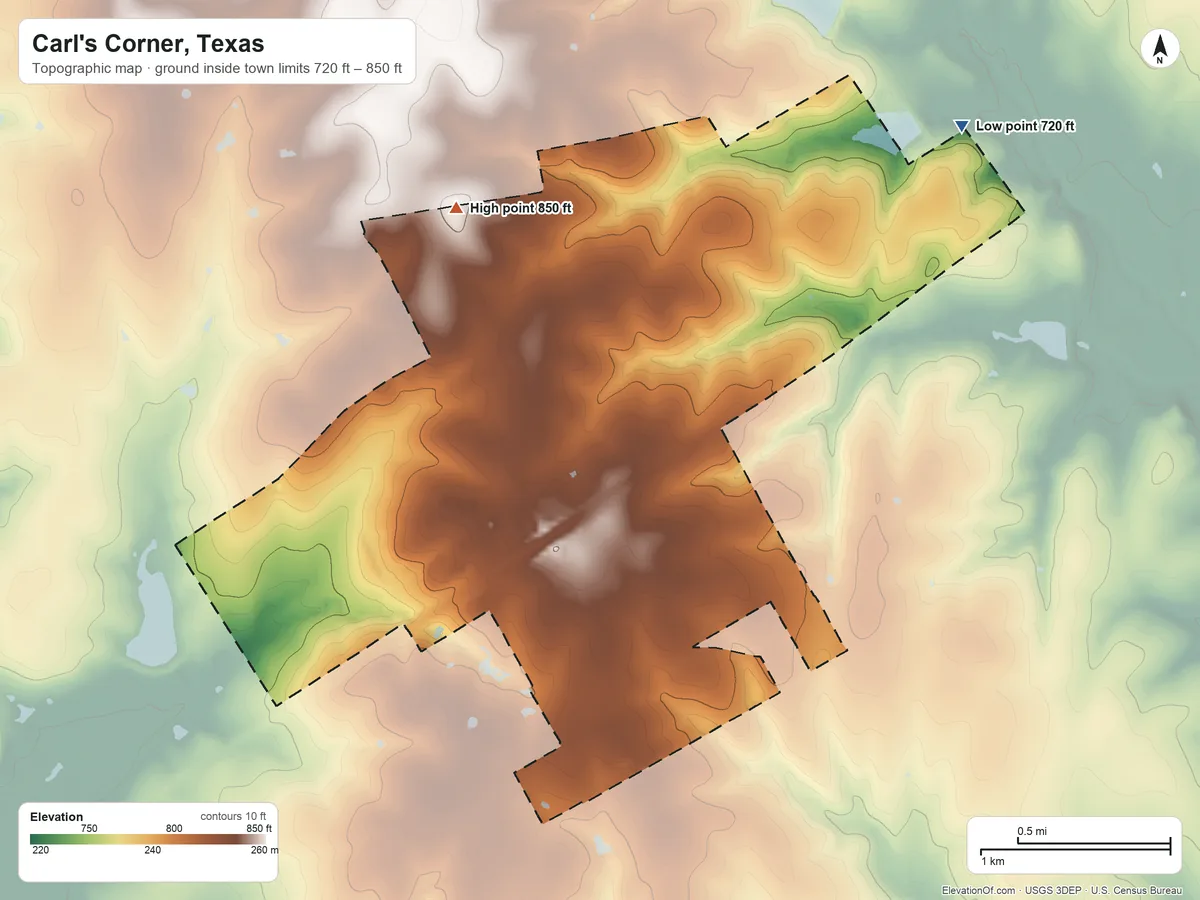 Topographic elevation map of Carl's Corner, Texas, shaded from 720 ft on the northeast side to 850 ft on the northwest side