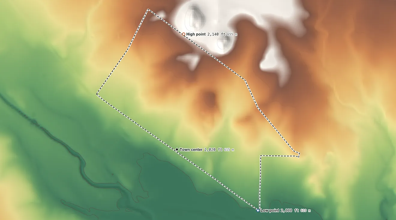 Topographic elevation map of Carlsbad, Texas, shaded from 2,000 ft on the southeast side to 2,140 ft on the north side