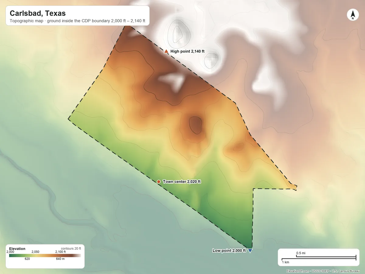 Topographic elevation map of Carlsbad, Texas, shaded from 2,000 ft on the southeast side to 2,140 ft on the north side