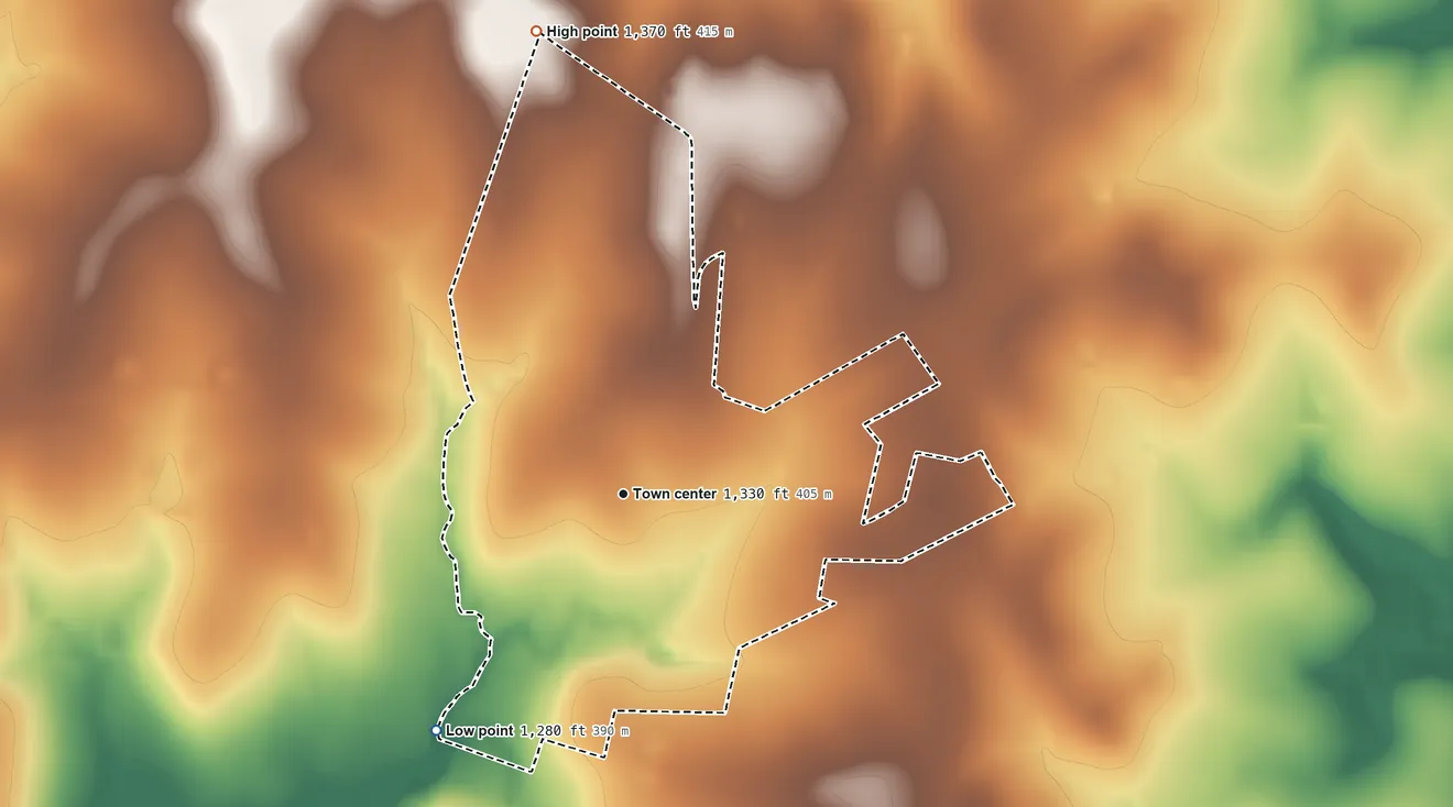 Topographic elevation map of Carlton, Texas, shaded from 1,280 ft on the southwest side to 1,370 ft on the north side