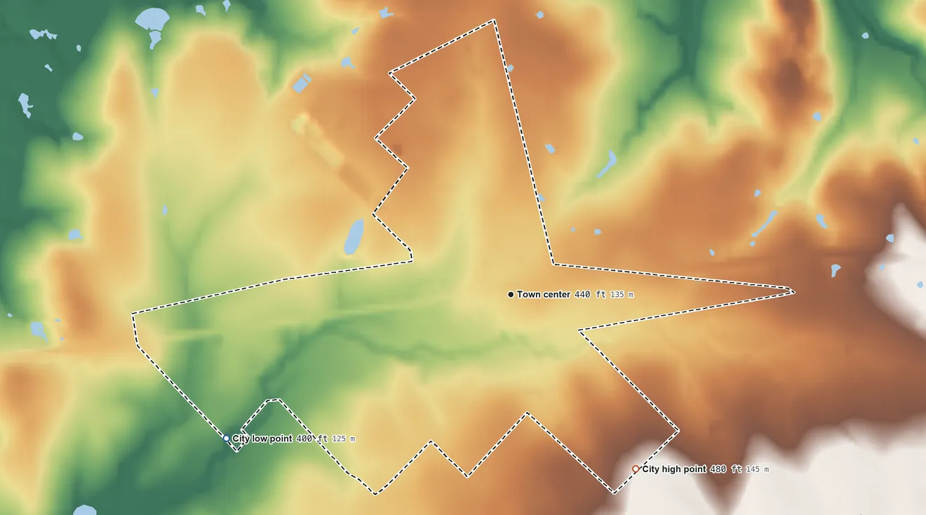 Topographic elevation map of Carmine, Texas, shaded from 400 ft on the southwest side to 480 ft on the southeast side