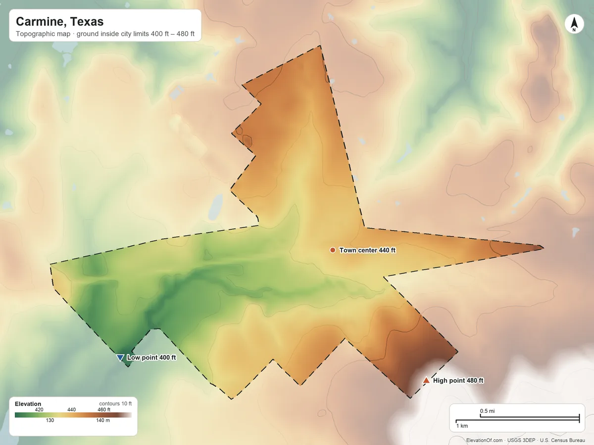 Topographic elevation map of Carmine, Texas, shaded from 400 ft on the southwest side to 480 ft on the southeast side
