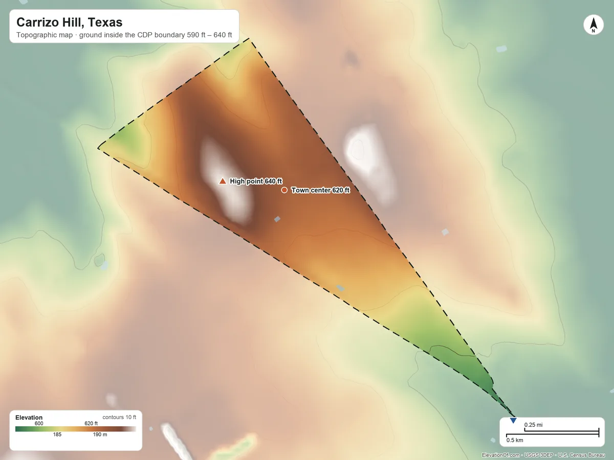 Topographic elevation map of Carrizo Hill, Texas, shaded from 590 ft on the southeast side to 640 ft on the west side
