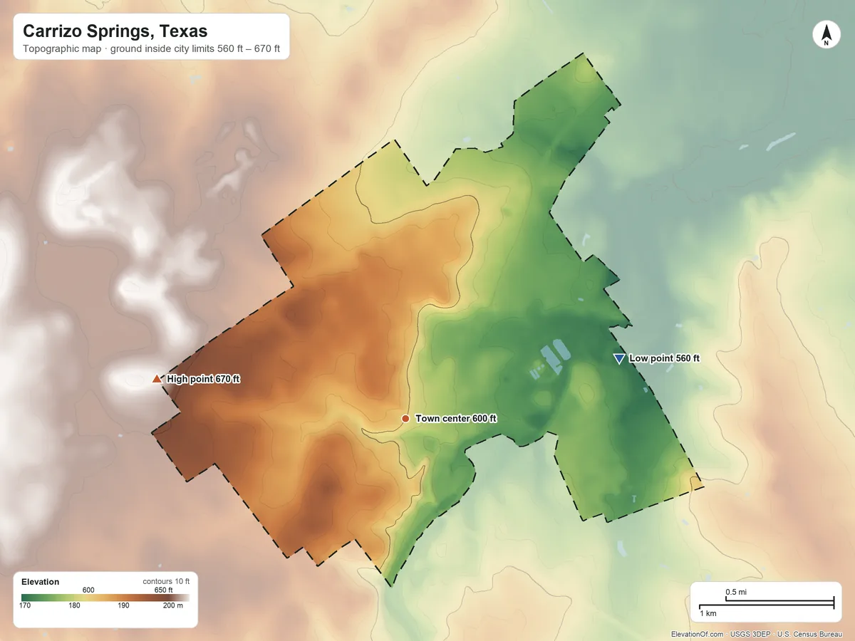 Topographic elevation map of Carrizo Springs, Texas, shaded from 560 ft on the east side to 670 ft on the west side