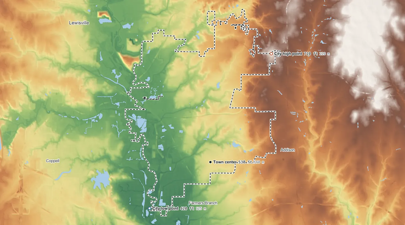 Topographic elevation map of Carrollton, Texas, shaded from 420 ft on the southwest side to 710 ft on the northeast side