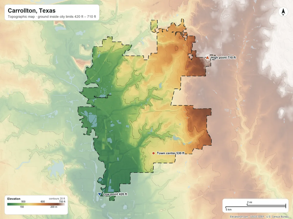 Topographic elevation map of Carrollton, Texas, shaded from 420 ft on the southwest side to 710 ft on the northeast side