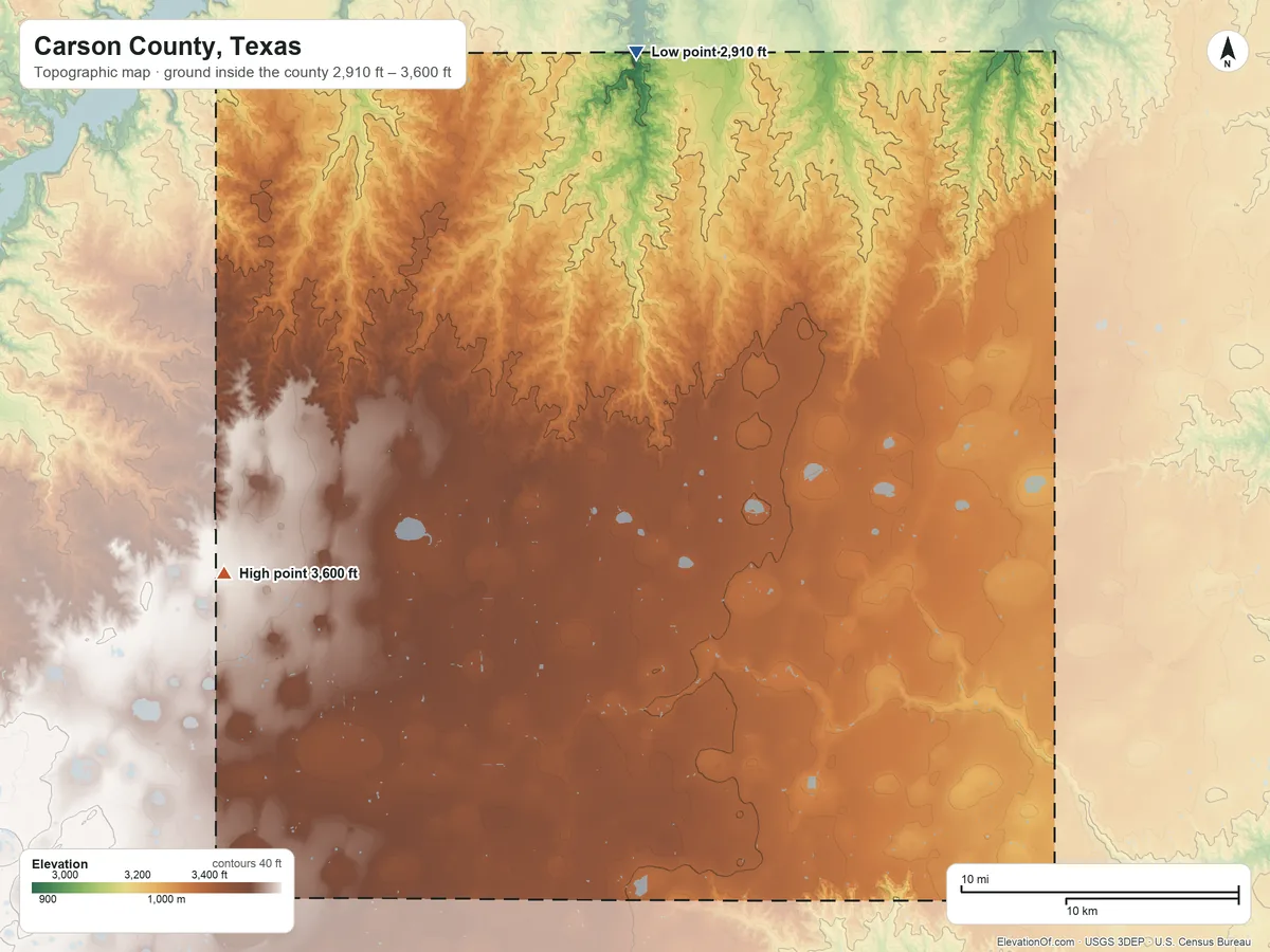 Topographic elevation map of Carson County, Texas, shaded from 2,910 ft on the north side to 3,600 ft on the west side