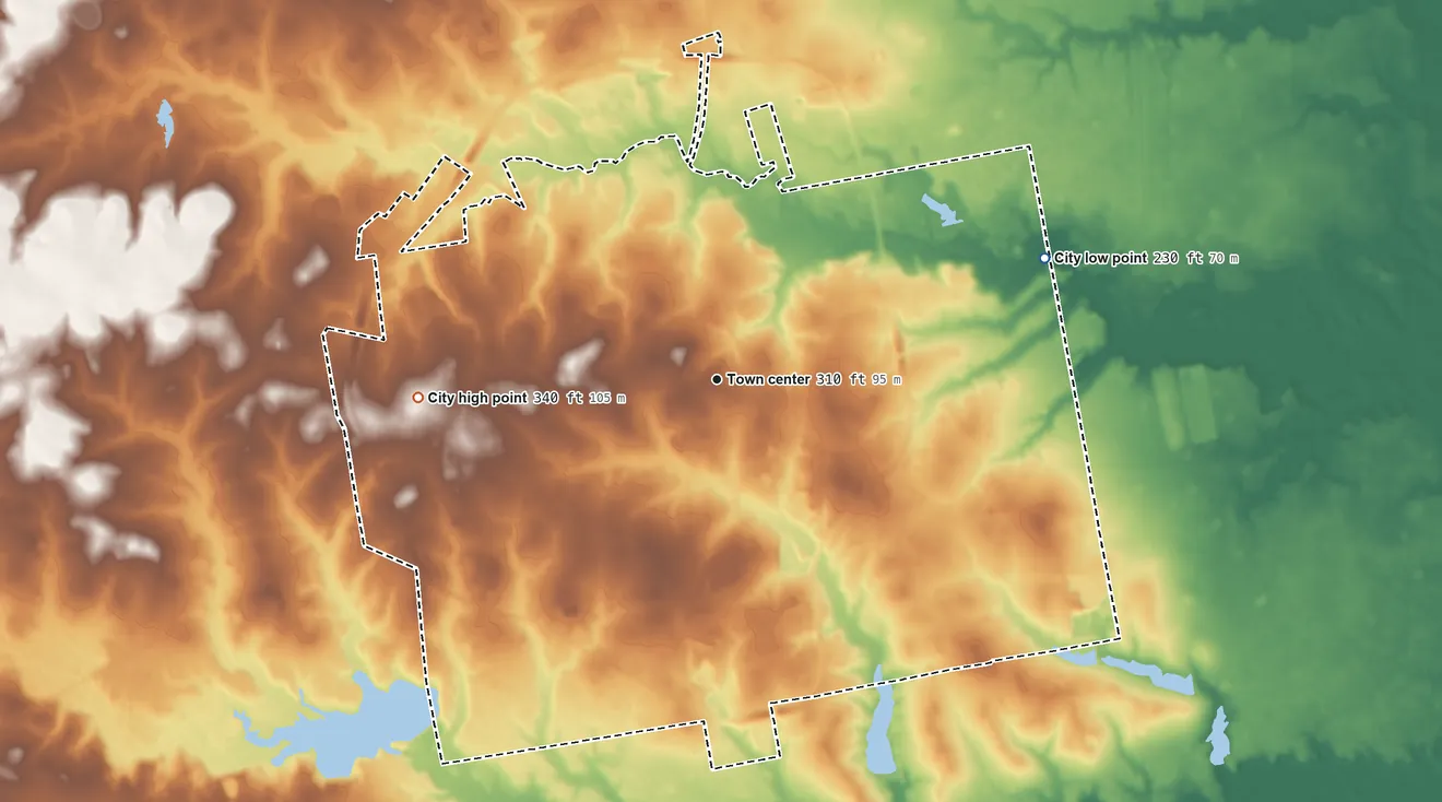 Topographic elevation map of Carthage, Texas, shaded from 230 ft on the east side to 340 ft on the west side