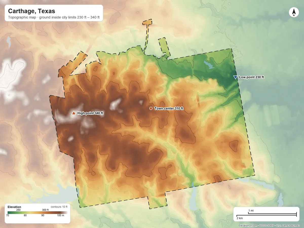 Topographic elevation map of Carthage, Texas, shaded from 230 ft on the east side to 340 ft on the west side